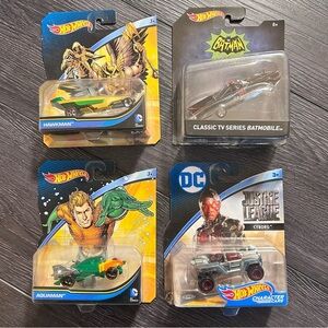 Hot Wheels DC Justice League Batmobile, Hawkman, Aquaman & Cyborg (Lot of 4)